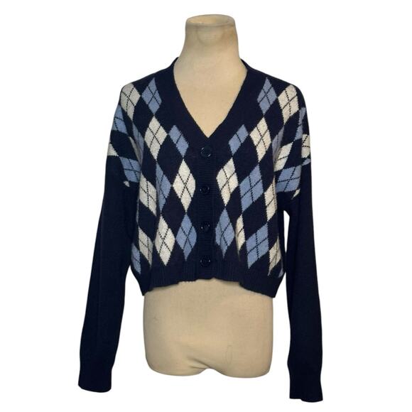 Witty Fox Blue & White Argyle V-Neck Buttoned Cardigan Size Large - Picture 10 of 14